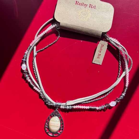 NWT Ruby Rd. Necklace Multistrand Beaded w/Sandstone Pendant & Silver tone Chain - Picture 2 of 6